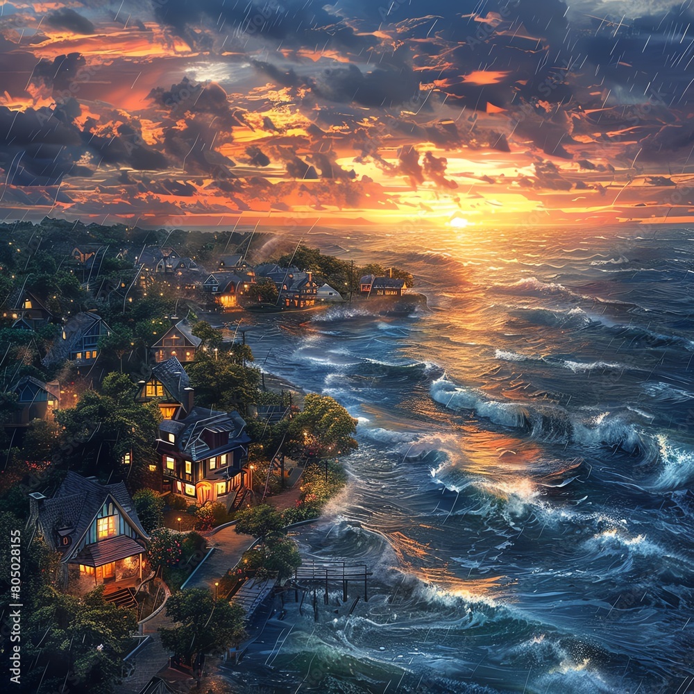 Capture a whimsical birds-eye view of a coastal town where culinary delights intertwine with the elements Capture a whimsical birds-eye view of a coastal town where culinary delights intertwine with the elements