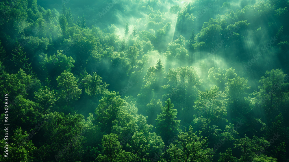 A mysterious forest in the morning haze