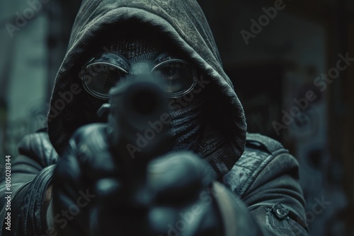 A man wearing a hooded jacket is shown pointing a gun towards an unseen target. He appears to be in a threatening and dangerous position photo
