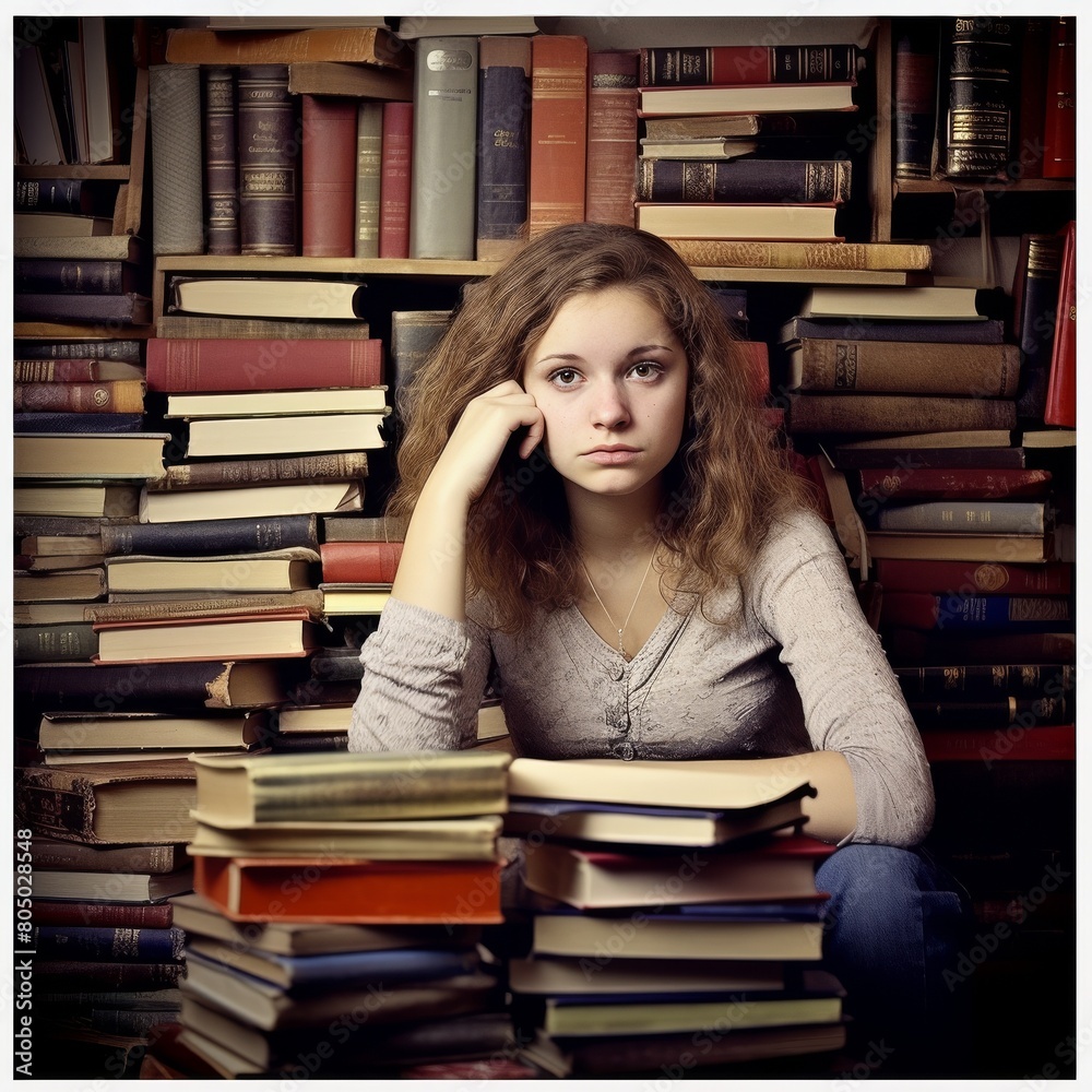 Thoughtful Young Woman Surrounded by Stacks of Books in a Cozy Library Setting Thoughtful Young Woman Surrounded by Stacks of Books in a Cozy Library Setting