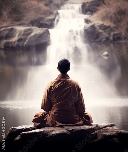 Serene Meditation at Waterfall - Monk Embracing Tranquility in Nature