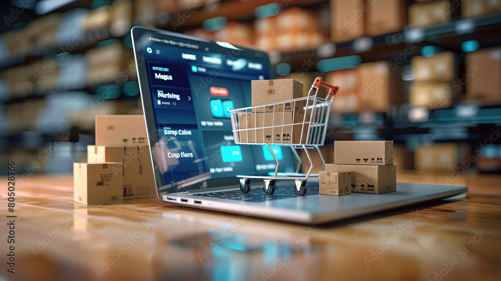 Online shopping concept with cart full of boxes on top of laptop computer Online shopping concept with cart full of boxes on top of laptop computer