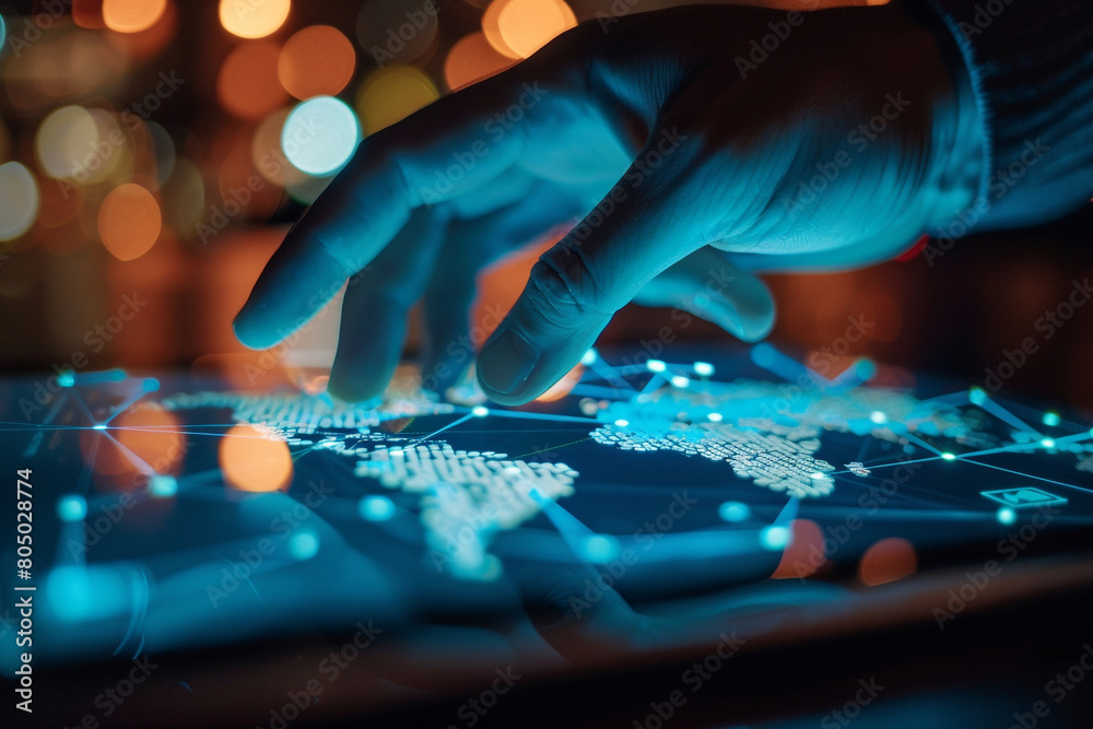 Close-up of a hand creating a flowchart on a tablet, representing sustainable global trade routes Close-up of a hand creating a flowchart on a tablet, representing sustainable global trade routes