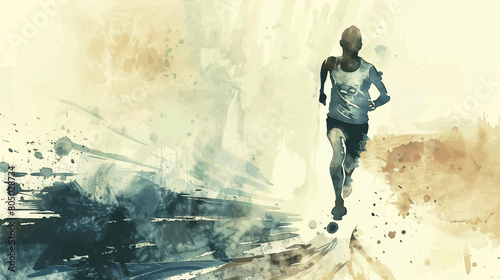 Watercolor painting of athlete in motion, running under. Sport photography with copy space. Grey blue splashes. Marathon runner, joggers. Happiness from sport outdoor, summer sports