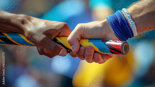 Passing relay baton to another runner. Athlete hands on blurred stadium background. Sport athletics spirit photo
