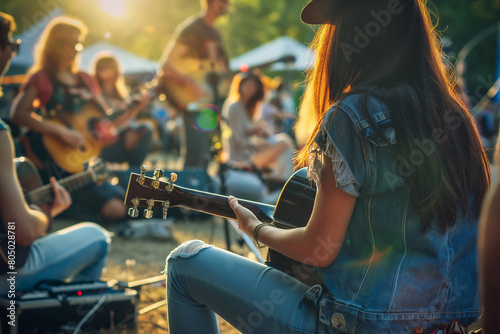 Group of friends is gathered outdoors, sitting in a circle and playing guitars together. Summer music festival