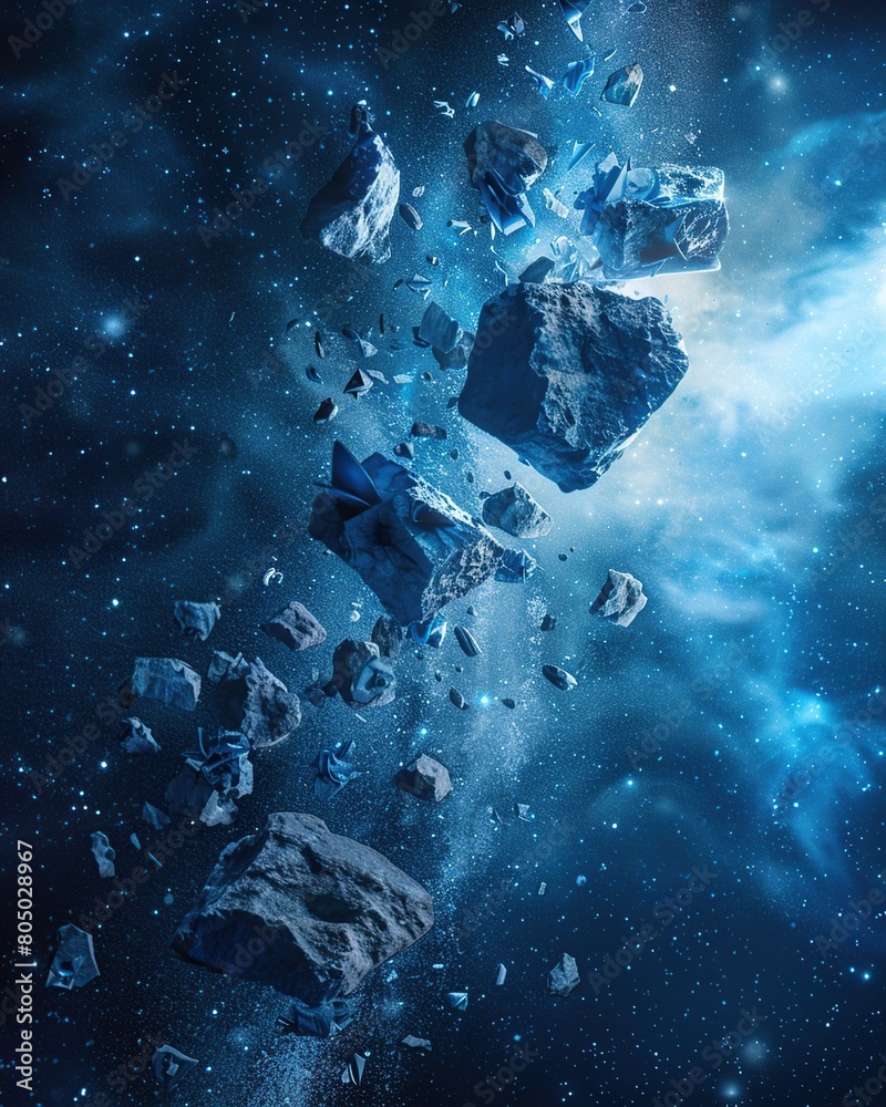 Obraz premium Icey meteoroids floating in space. 3d render.