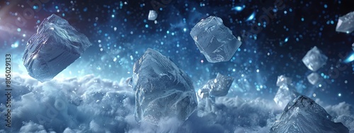 Icey meteoroids floating in space. 3d render.
