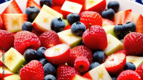 Colorful mixed fruits including strawberries, blueberries, and star-shaped apples, arranged beautifully against an American flag backdrop. Perfect for festive celebrations photo