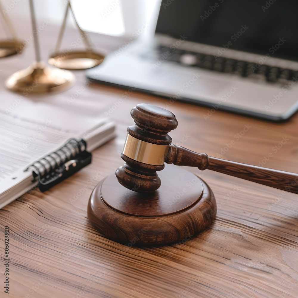 Wooden gavel on a desk, symbolizing law, alongside a laptop, scales, and legal documents Wooden gavel on a desk, symbolizing law, alongside a laptop, scales, and legal documents
