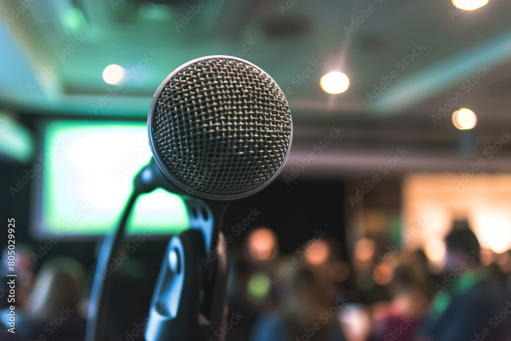 Close-up of a microphone at a financial technology conference spotlighting discussions on how fintech innovations are reshaping the economic landscape Close-up of a microphone at a financial technology conference spotlighting discussions on how fintech innovations are reshaping the economic landscape