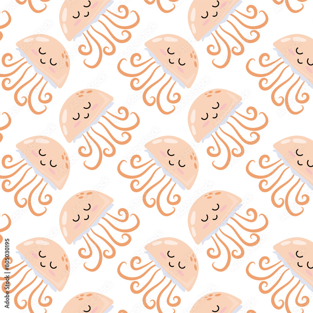 Pattern with cute cartoon peach fuzz jellyfish. Underwater animal in flat style. Kids illustration of cartoon jellyfish in flat style. Pattern for textile, wrapping paper, background.