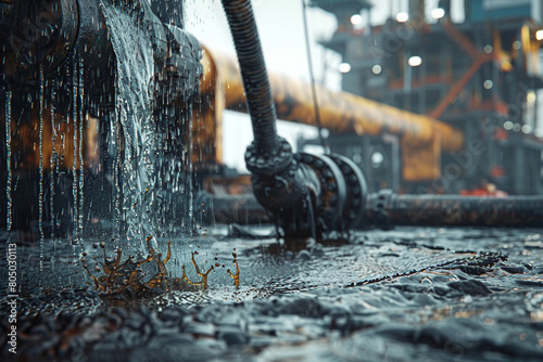 Close-up of a mud pump in action, drilling mud coursing through pipelines against the backdrop of a semi-submersible rig  photo