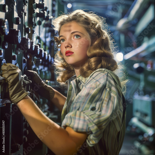 Woman Defense Worker During World War II.  Generated Image.  A digital rendering of a woman defense worker during World War II.  Rosie the Riveter.  