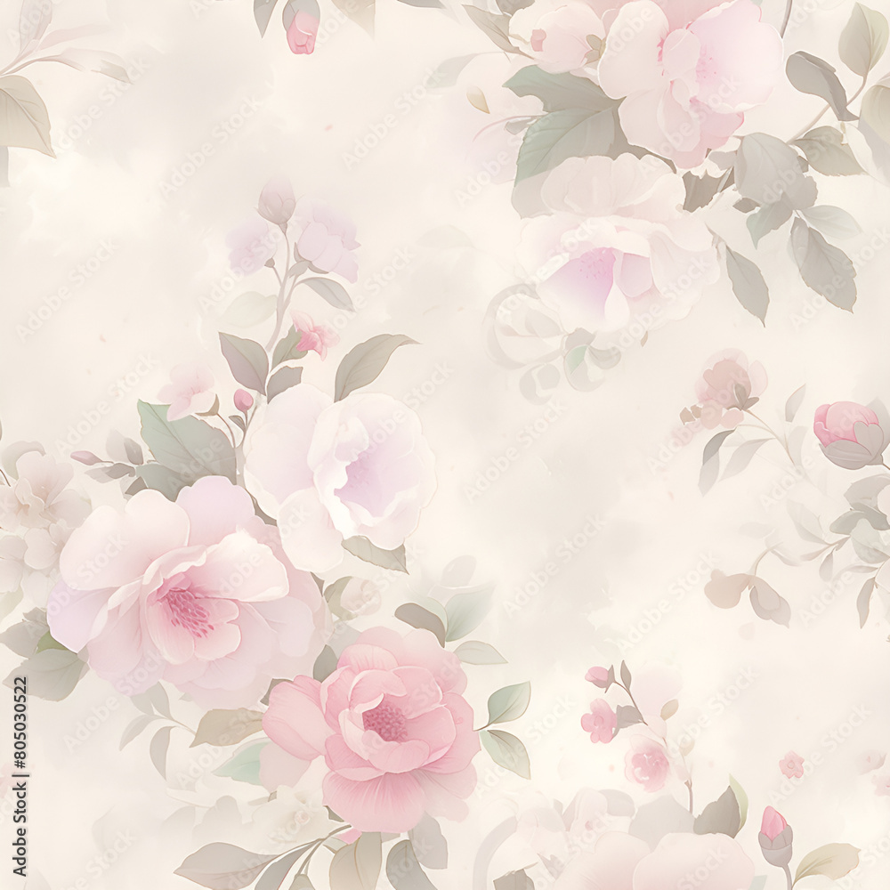 pink background with roses, pink roses, floral print, Continuous in four directions