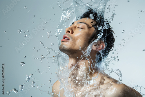 水を浴びるアジア人男性、メンズビューティー