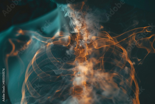 Close-up of a persons chest, with an overlay illustrating the pain and constriction of an asthma attack 