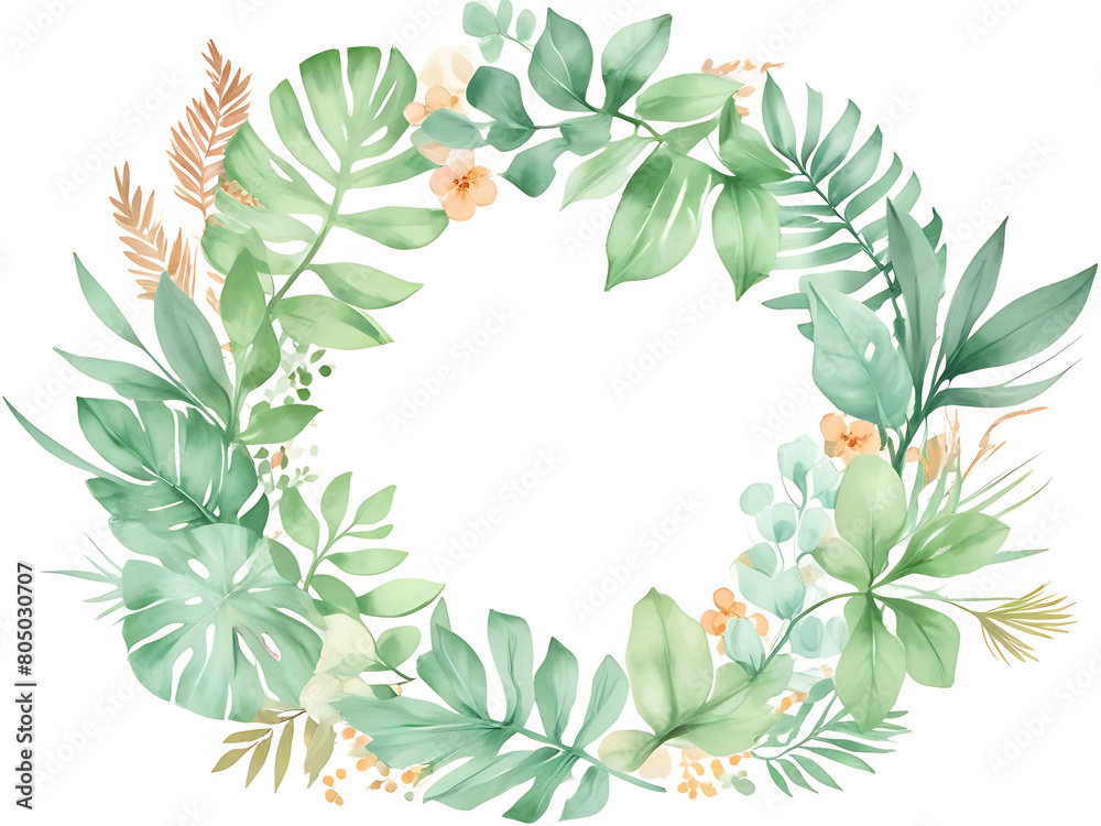 Colorful photo frame made of pink flowers and green leaves in summer. Suitable for decoration on a white background.