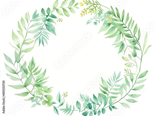 Beautiful colorful photo frame of tropical green leaves. Leaves in various shapes and sizes on a white background.