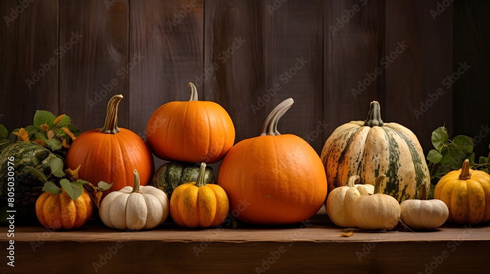 Pumpkins arranged on a rustic wooden table,