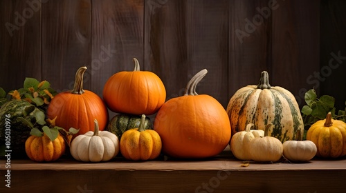 Pumpkins arranged on a rustic wooden table 