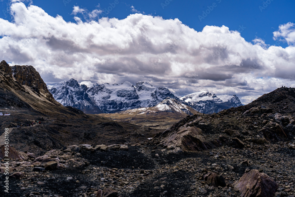 pastoruri glacier landscape with a laguna in snow covered andes in the national park Huascarán