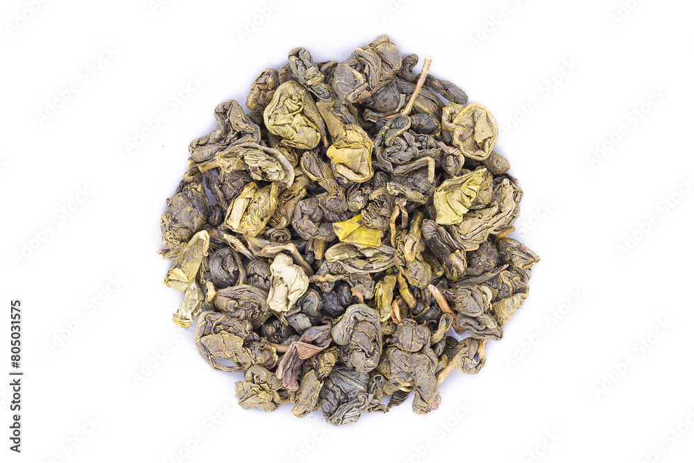 Green tea on white background isolate for advertising