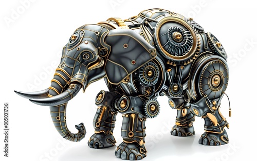 Render of a steampunk metal 3D illustration of an elephant  on a white background 