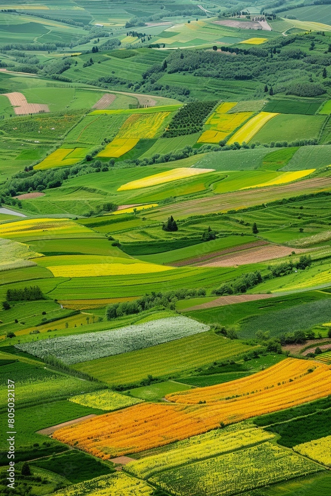Obraz premium Aerial view of patchwork fields in spring diverse crops in shades of green and yellow