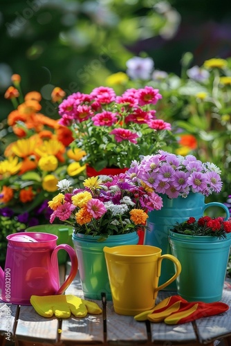 Assorted garden flowers in colorful pots on a sunny table watering can and gloves nearby