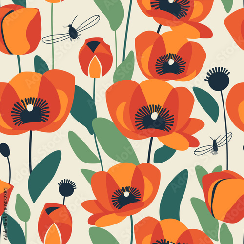 Seamless pattern with bright poppies on a light background for design, print on fabric and paper. Design of packaging, wrapping, etc.