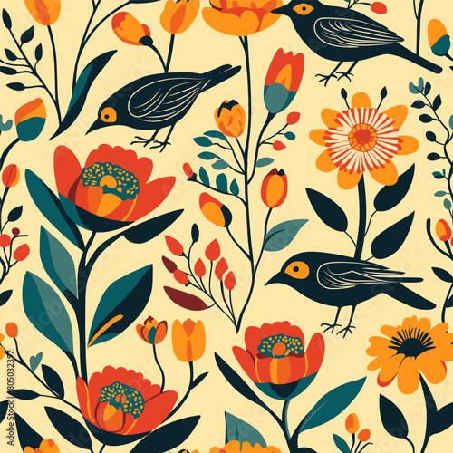 Seamless pattern with birds and flowers in a simple flat style.