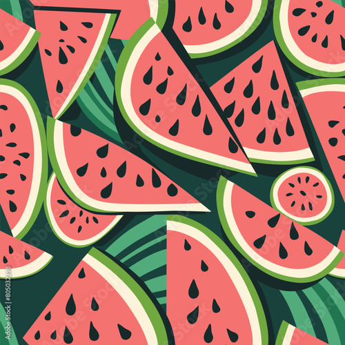 Seamless pattern with the image of watermelon slices on a dark background. Packaging design, wrappers, printing on paper and fabric. Interior decoration.