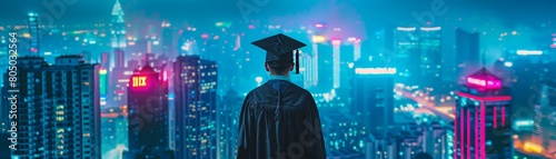 Graduate in cap and gown overlooking a neon-lit cityscape panoramic view