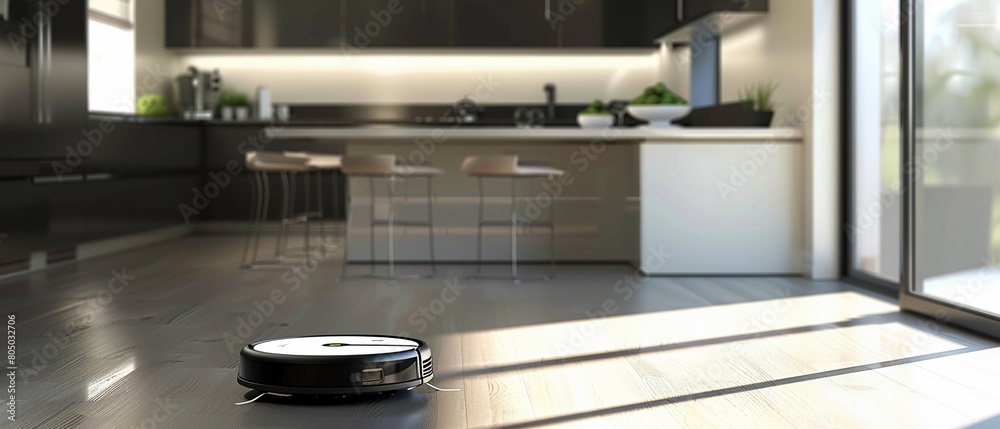 Kitchen with a robotic vacuum sleek and modern Kitchen with a robotic vacuum sleek and modern