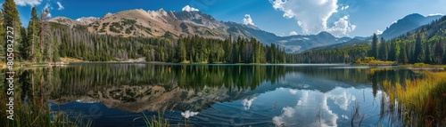 Serene landscape of a majestic mountain range by a tranquil blue lake with forested shores bathed in sunlight © Michal