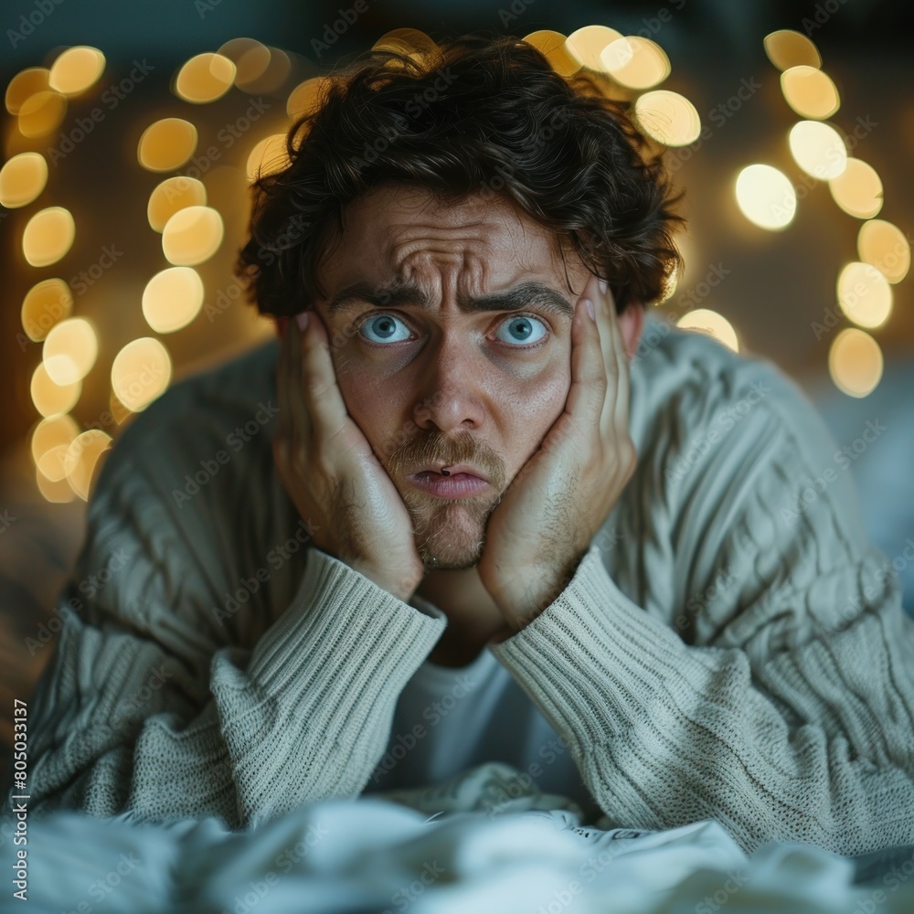 A person holding his head has insomnia which makes his mental health disturbed by carrying an alarm clock on the bed, bedroom background at night A person holding his head has insomnia which makes his mental health disturbed by carrying an alarm clock on the bed, bedroom background at night