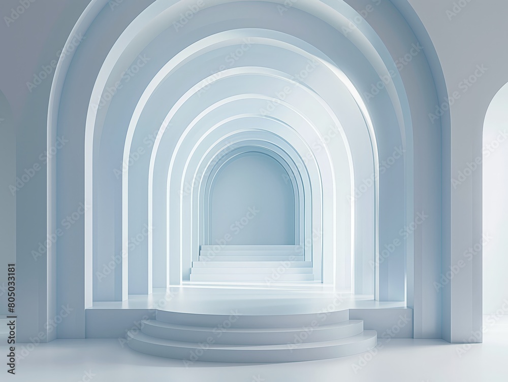 A serene, spacious corridor with successive arches and soft lighting creating an ethereal ambiance.