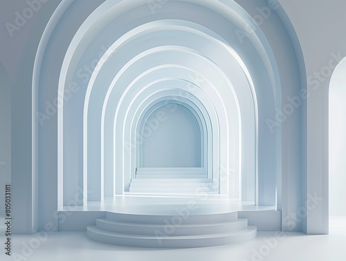 A serene  spacious corridor with successive arches and soft lighting creating an ethereal ambiance.