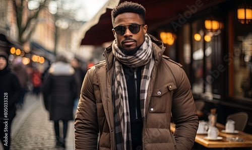 Man in Brown Jacket and Scarf Standing on Street
