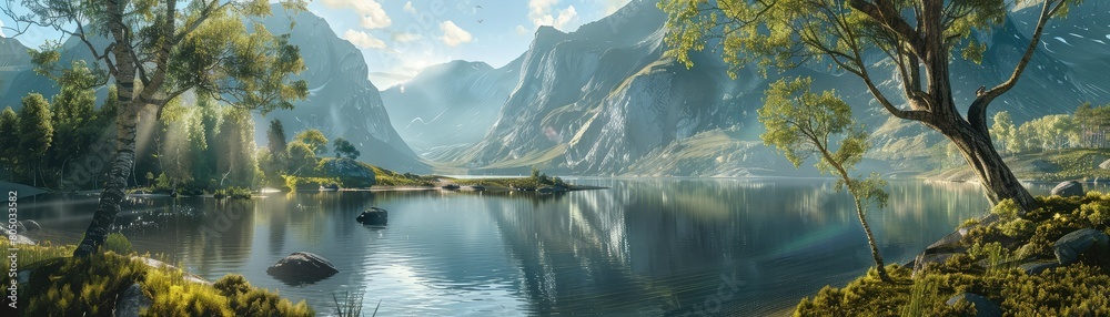 Serene landscape of a majestic mountain range by a tranquil blue lake with forested shores bathed in sunlight Serene landscape of a majestic mountain range by a tranquil blue lake with forested shores bathed in sunlight