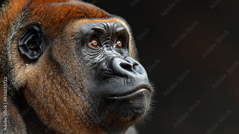 A monkey's intense face, close-up, against a black backdrop A monkey's intense face, close-up, against a black backdrop