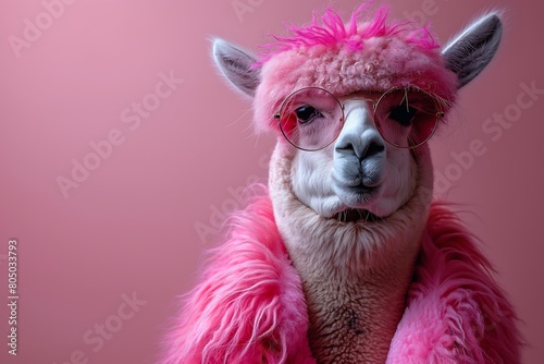 Fashionable Llama in Pink Sunglasses and Fluffy Coat on Pink Background © HarisZai-Designs