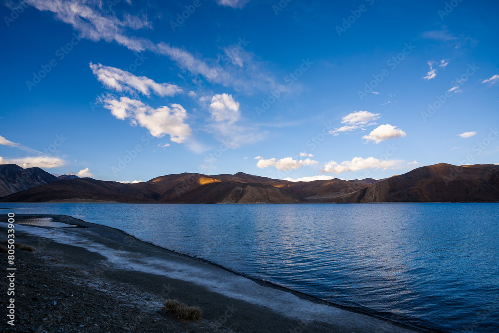 Pangong Lake in the Himalayas, a turquoise lake of Leh, Ladakh in India.