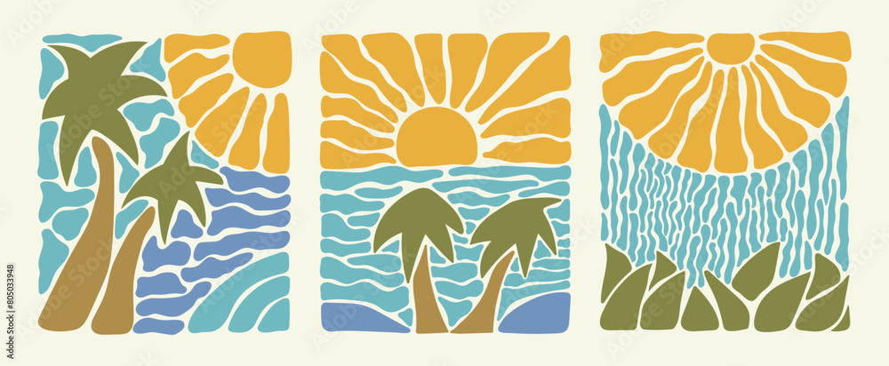Set of abstract groovy curve seascape. Drawn pastel colorful sun and sea palm tree in modern vintage style. Organic doodle shapes in trendy naive hippie 60s 70s style.
