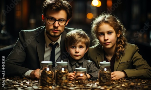 Man and Two Children Sitting at Table With Stacks of Coins