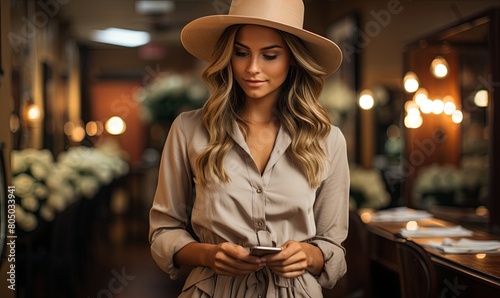 Woman in Hat Looking at Cell Phone
