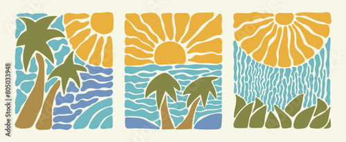 Set of abstract groovy curve seascape. Drawn pastel colorful sun and sea palm tree in modern vintage style. Organic doodle shapes in trendy naive hippie 60s 70s style.