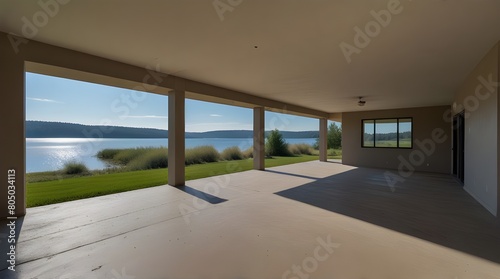 Empty property with outdoor amenities and scenic lake.generative.ai © Waqar