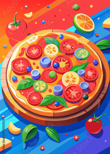 an image of a large pizza with tomatoes, onions and pepperoni on the board. The background of the image is dark and there is nothing on the background